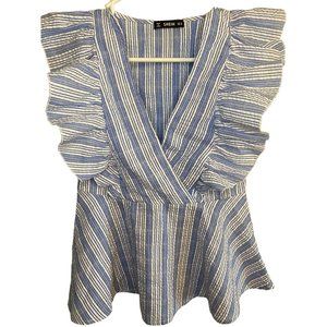 Shein Blue White Ruffle Tank Shirt XS
